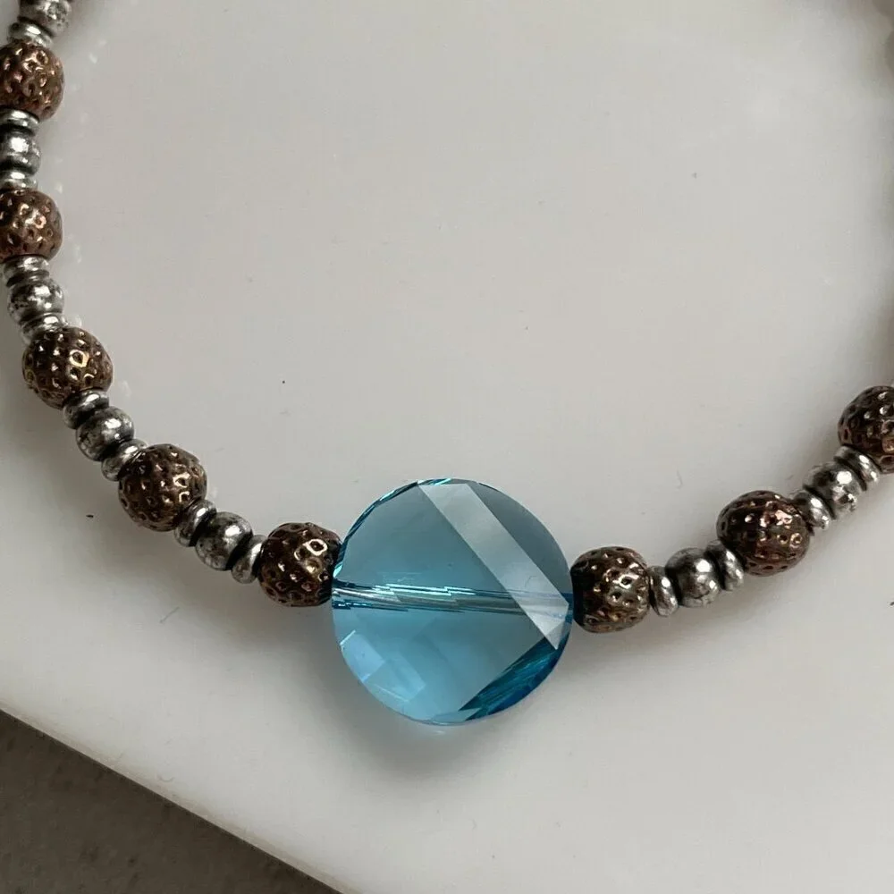 NWT Alex & Ani Sky Blue Crystal Two Tone Bead Adjustable Bangle Bracelet